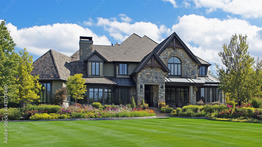 Fototapeta premium Beautiful Home With Green Grass Yard