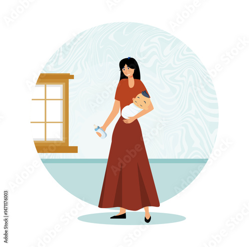 Family maternity paternity leave. Young Mother Holding Baby in Warmly Lit Interior with Bottle.