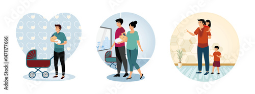 Take care of baby concept. Family maternity paternity leave.  Father with son and girl.