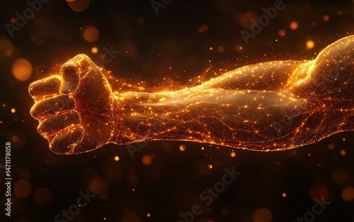 A hand with a fist clenched in a black background with a lot of sparkles