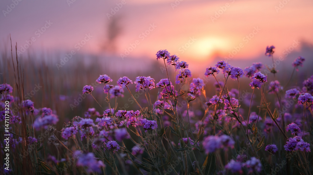 Obraz premium Purple verbena flower field at sunset beautiful nature landscape photography background image wallpaper stock photo