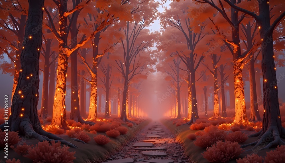 Fototapeta premium Autumn Forest Path with Lights