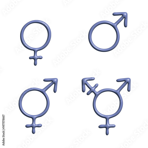 Set of 3d female, male, bigender and transgender gender identity icon Symbol used to represent sex and gender