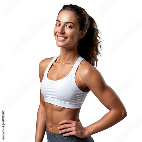Confident fit woman in sportswear smiling isolated on a transparent background