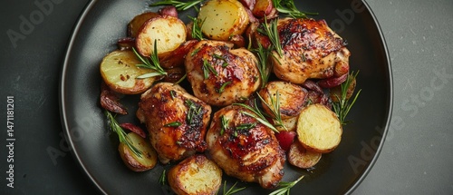 Roasted chicken thighs and potatoes with herbs.