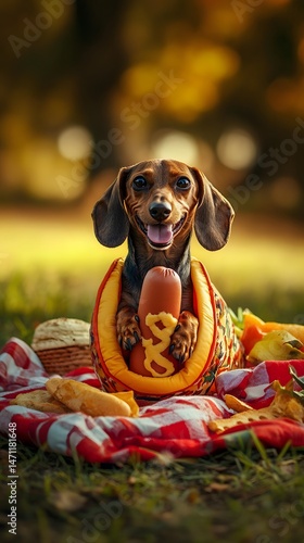 Dachshund in a hot dog costume at a picnic