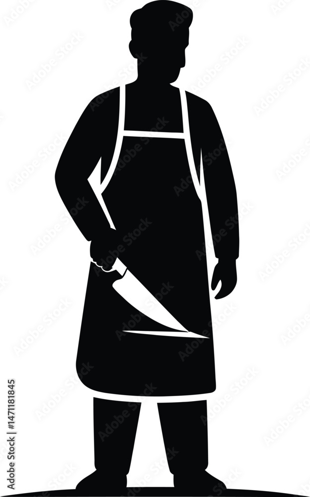 Chef silhouette with apron and knife ready to prepare food for fine dining Chef silhouette with apron and knife ready to prepare food for fine dining