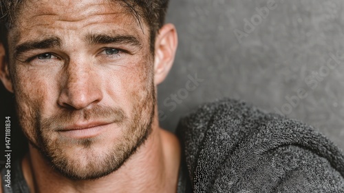 Disappointed athlete with beard in sling reflecting on injury and struggle in soft lighting at sports venue
