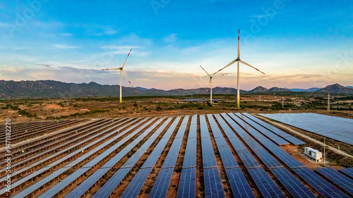 Tall windmill turbines against a clear blue sky, generating renewable energy in the serene Ninh Thuan, Vietnam landscape by the sea. Same with windmill park in the Noordoostpolder Netherlands.
