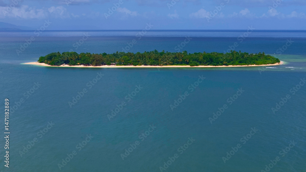 Obraz premium Tropical island surrounded by clear blue water and golden sandy beaches. Alnigkakajaw Island also called Aling island. One of many tropical islands in Surgaio Del Norte Philippines.