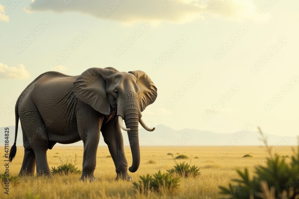 Obraz premium Majestic African Elephant in Golden Savanna at Sunset, Serene Wildlife Scene