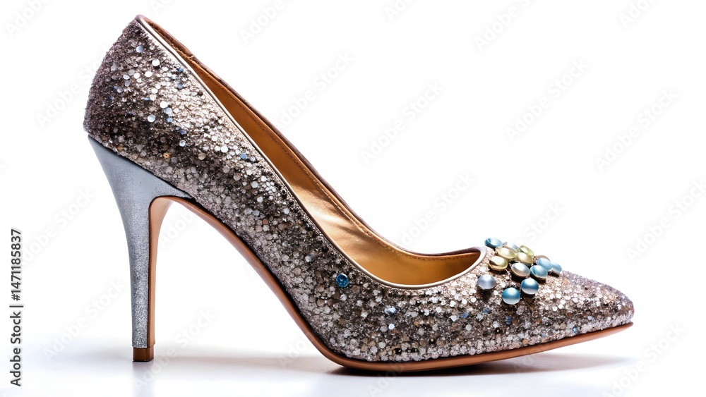 Obraz premium Embellished High Heel Shoe with Sparkling Rhinestones and Gems on a White Background