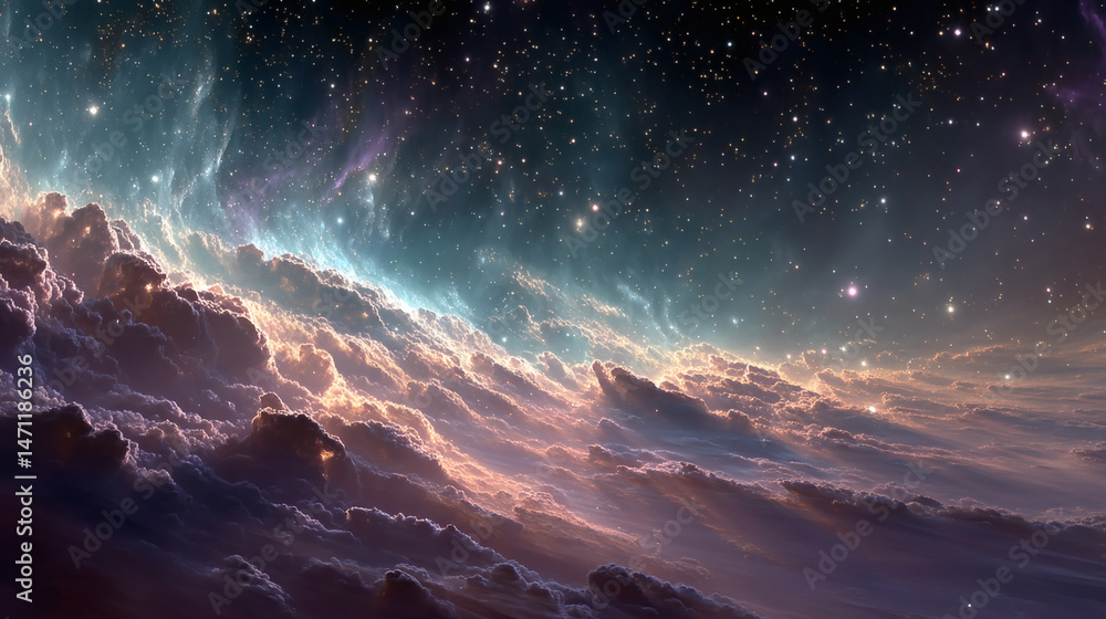 Fototapeta premium Cosmic nebula spectacle with sparkling stars space digital art universe aerial view celestial beauty