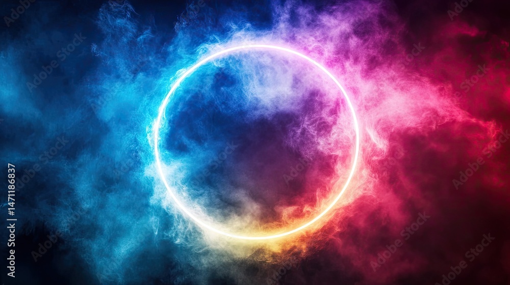Fototapeta premium Colorful neon circle framed by smoky background.