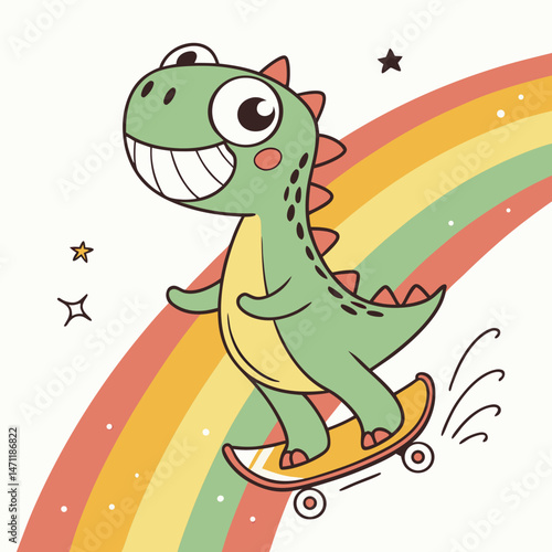 Smiling green dinosaur riding a skateboard with rainbow trails
