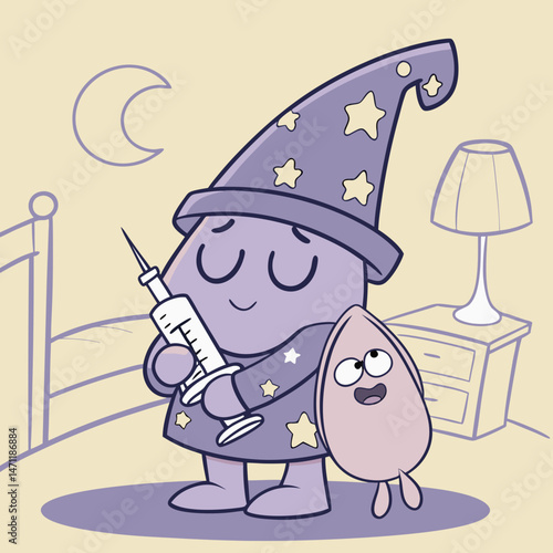 Sleepy pancreas wearing pajamas and holding bedtime insulin plush toy