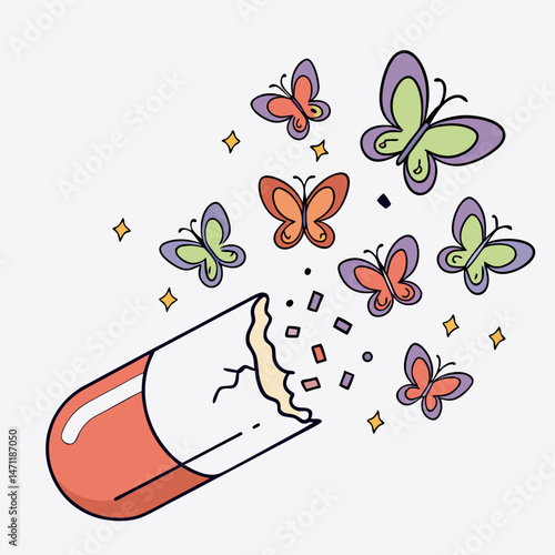 Broken pill icon releasing colorful butterflies, symbolic freedom theme
