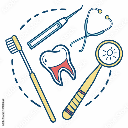 Flat design dentist icon with tools and molar tooth