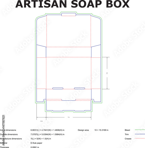 Vector illustration of an artisan soap box template layout design featuring detailed dimensions for packaging.