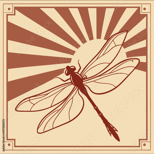 Vintage dragonfly silhouette with sunburst and distressed texture background