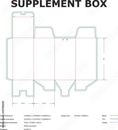 A detailed packaging template layout for a supplement box featuring measurements bleed trim and crease lines