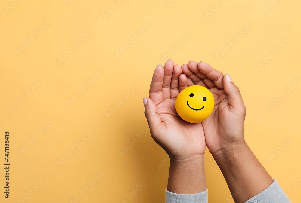 Hands Gently Holding a Yellow Smiley Ball Positive Emotions Happiness Wellbeing Concept Hands Gently Holding a Yellow Smiley Ball Positive Emotions Happiness Wellbeing Concept