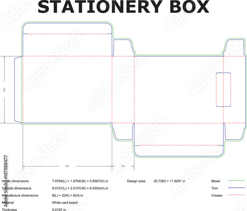 Detailed vector illustration of a stationery box template with dimensions marked in inches on a white background.