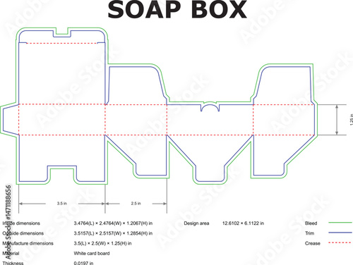 Detailed diagram of a soap box template illustrating dimensions bleed trim and crease lines for manufacturing purposes