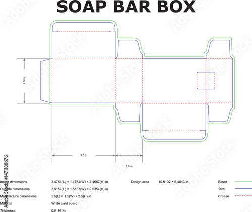Soap bar box packaging template design with dimensions and cut lines for manufacturing and printing purposes