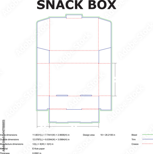 Detailed blueprint of a snack box design with dimensional specifications and essential cutting guidelines for packaging.