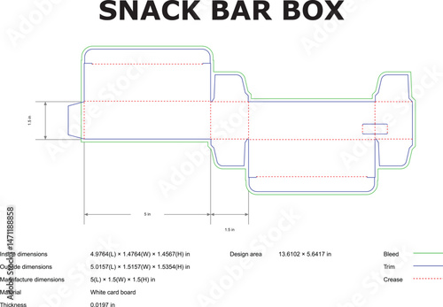 Detailed blueprint for a snack bar box packaging design including dimensions and specifications for production.
