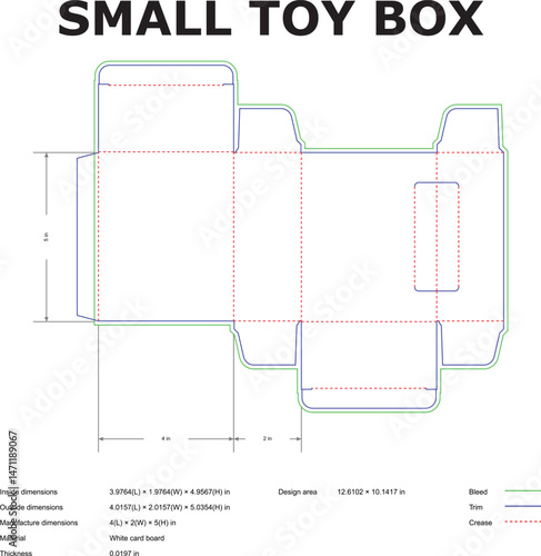 Detailed cutout diagram of a small toy box design featuring dimensions and manufacturing specifications for packaging.