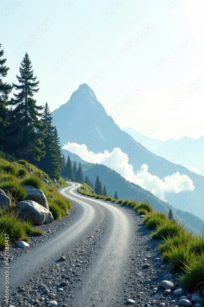 Fototapeta premium Serene Mountain Road Winding Through Verdant Hills Towards Majestic Peaks Under a Soft Sky