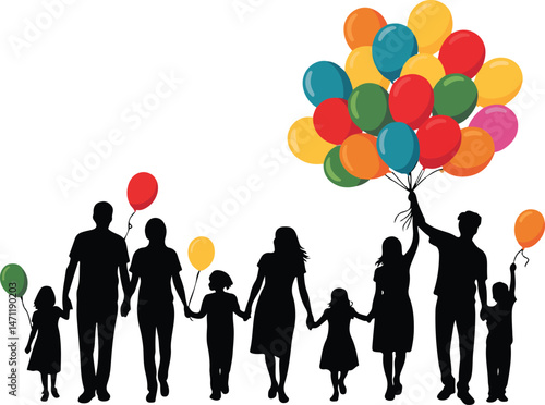 Silhouette of a Happy Family Holding Colorful Balloons