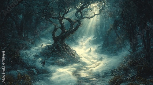 Wallpaper Mural Dense mist filled forest dawn tall ancient tree twisted root path winding through fog soft ray of sunlight filtering through branch mystical creature peeking shadow hyper realistic texture tree mist Torontodigital.ca