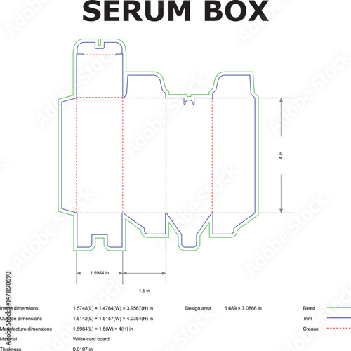 Flat template view of a serum box packaging design showing dimensions and bleed lines for manufacturing