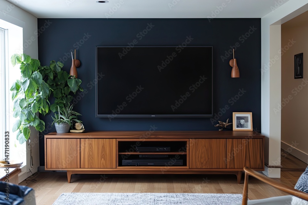 Low TV cabinet against a dark navy blue accent wall. Contemporary media room. Low TV cabinet against a dark navy blue accent wall. Contemporary media room.