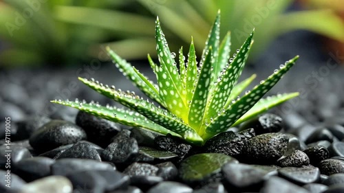 Close-up of a vibrant aloe vera plant with dew drops, resting on dark pebbles. Serenity and nature's beauty captured.