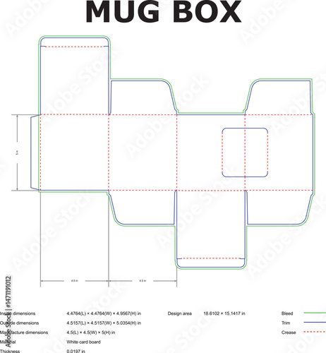 Detailed diagram of a mug box die cut template showing dimensions and crease lines for printing design