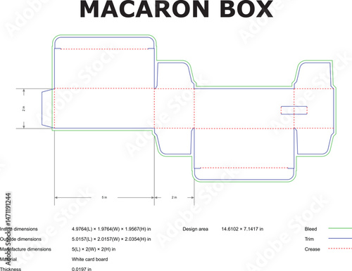 Detailed macaron box packaging template design with dimensions and technical specifications for dessert packaging