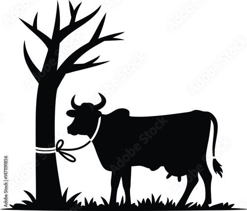 Silhouetted cow leashed to a bare tree illustrating agriculture and farm life elements