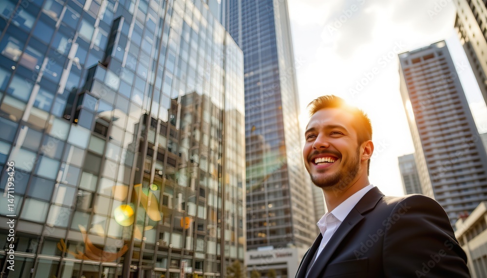 Joyful and Stylish Young Man Smiling in Urban Environment with Modern Skyscrapers in Background Joyful and Stylish Young Man Smiling in Urban Environment with Modern Skyscrapers in Background