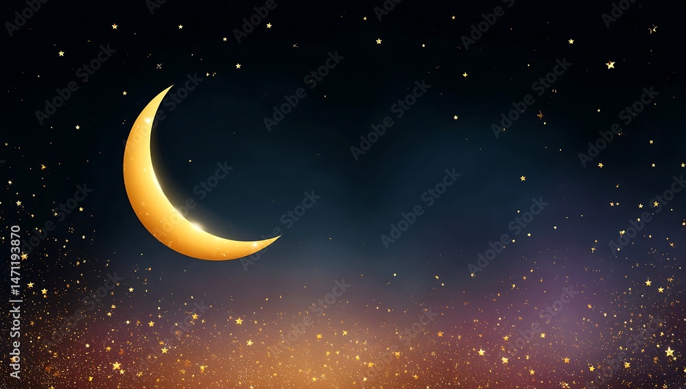 Golden Crescent Moon Night Sky Celestial Stars Background Golden Crescent Moon Night Sky Celestial Stars Background