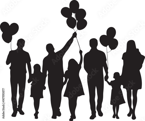 Silhouette of Extended Family Walking with Balloons
