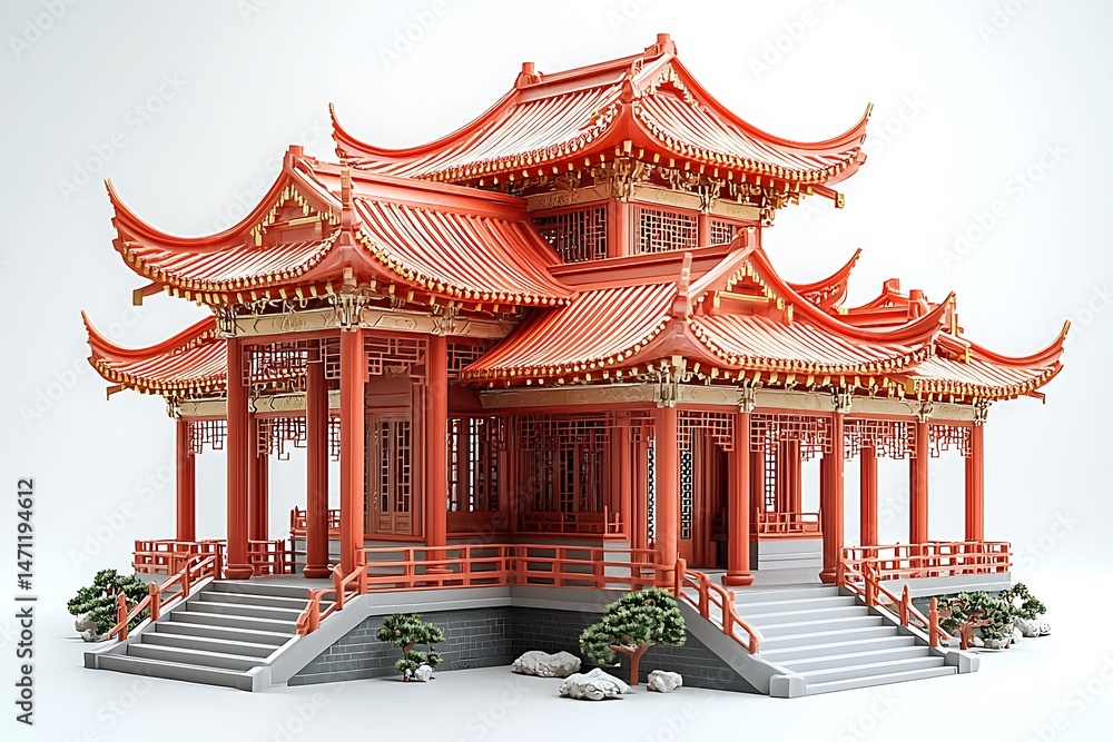 Fototapeta premium Traditional Chinese Temple Pavilion With Detailed Red Architecture And Columns high resolution photo