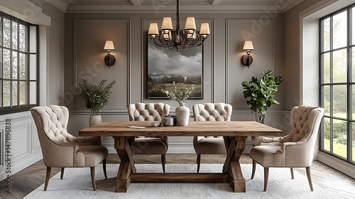 Transitional style dining room with natural light and decorative accents high resolution photo