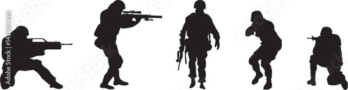 Silhouettes of various Soldiers holding pistols and rifles.