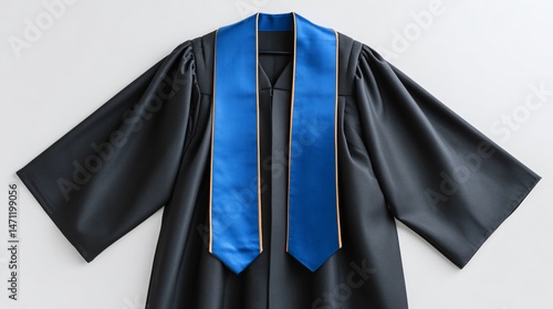 Neatly arranged graduation gown and stole on white tabletop
