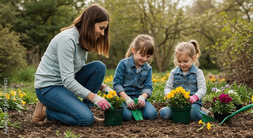 Fototapeta premium Mother and daughters planting colorful flowers in a garden 