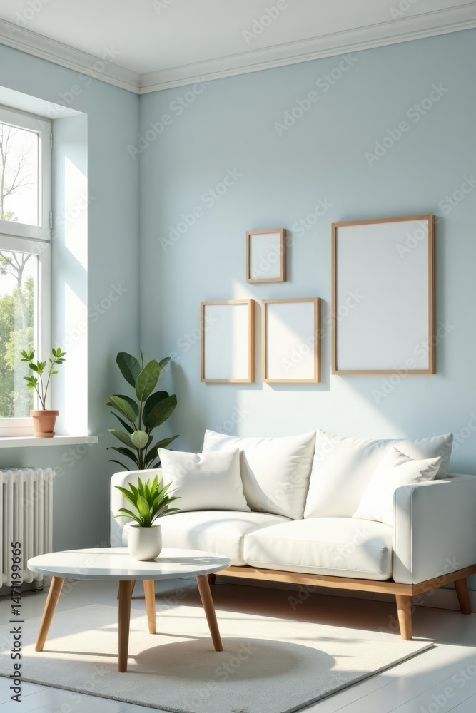 Naklejka premium Serene Minimalist Living Room Interior Design with White Sofa and Empty Picture Frames